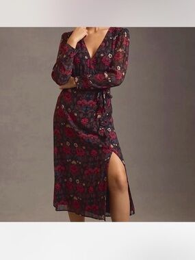 PAIGE Floral Faux Wrap Midi Dress Size Small Long Sleeve Side Slit Romantic